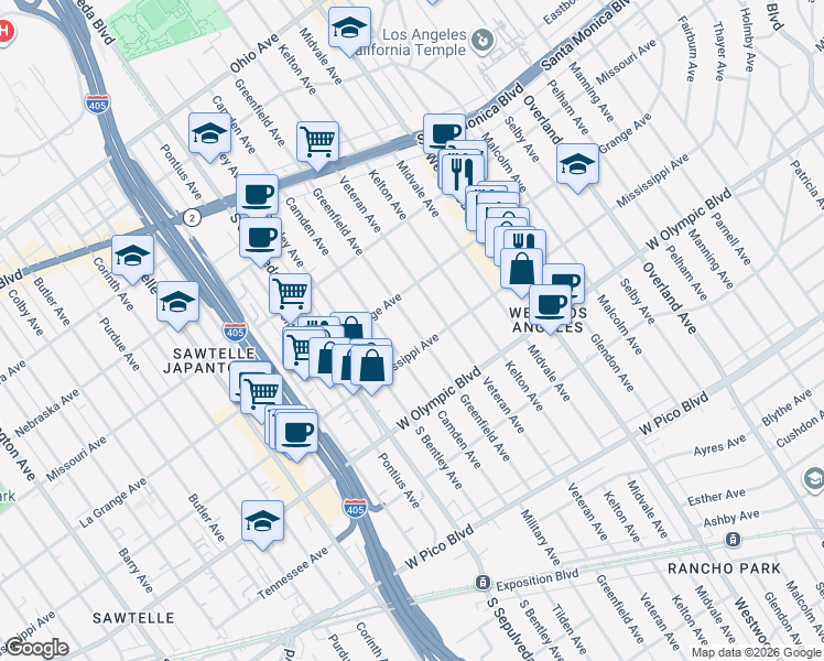 map of restaurants, bars, coffee shops, grocery stores, and more near 2037 Greenfield Avenue in Los Angeles