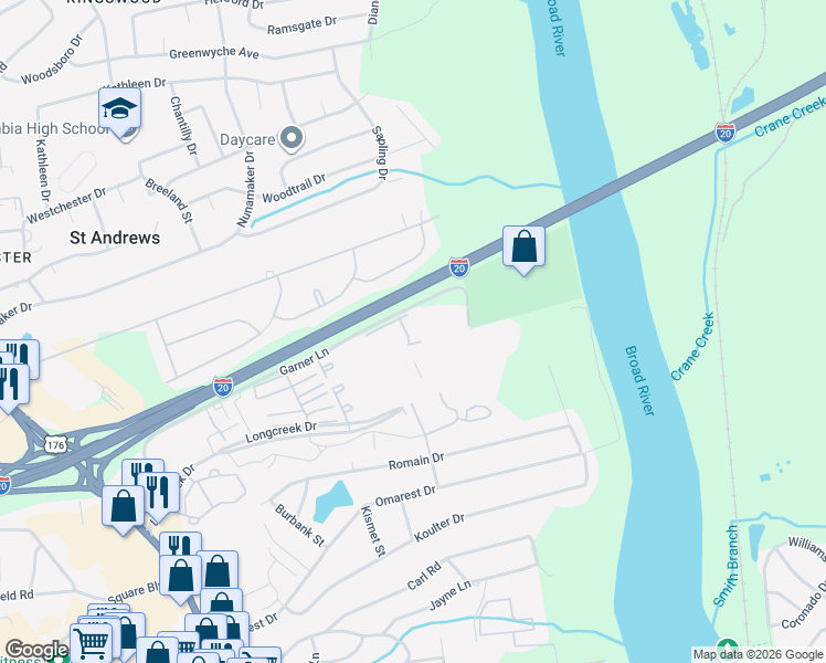 map of restaurants, bars, coffee shops, grocery stores, and more near 500 Wimbledon Court in Columbia