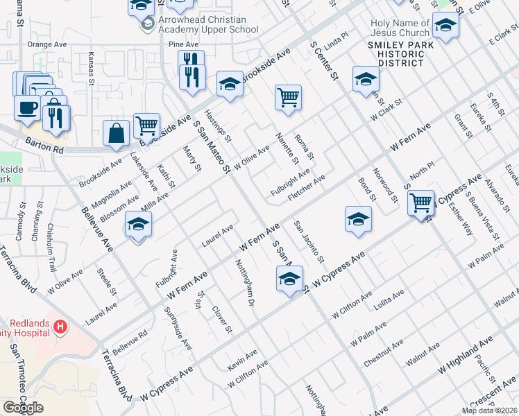 map of restaurants, bars, coffee shops, grocery stores, and more near San Mateo in Redlands