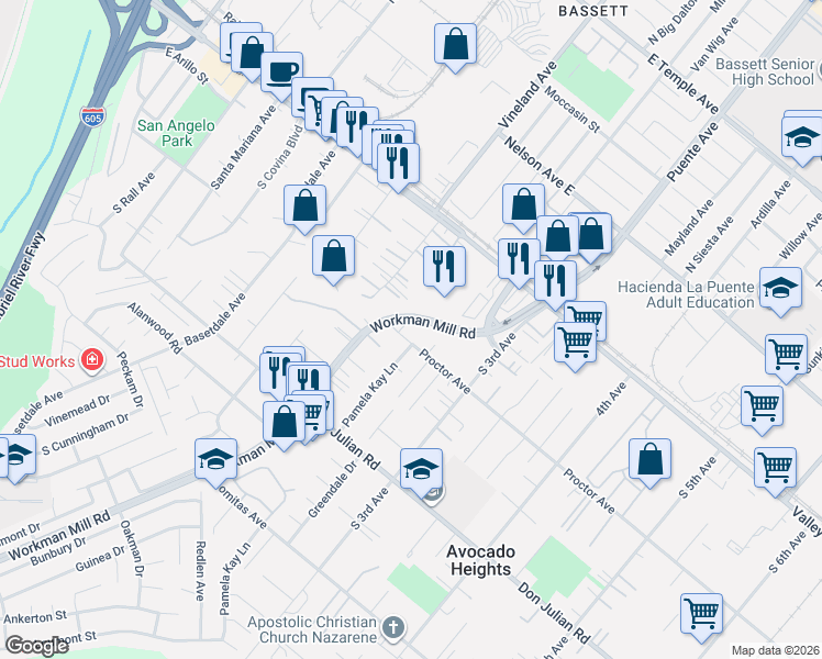 map of restaurants, bars, coffee shops, grocery stores, and more near 13651 Proctor Avenue in La Puente