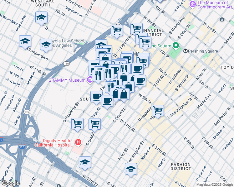 map of restaurants, bars, coffee shops, grocery stores, and more near 960 South Hope Street in Los Angeles