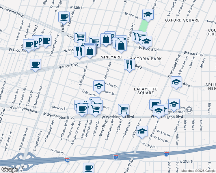map of restaurants, bars, coffee shops, grocery stores, and more near 4566 West 17th Street in Los Angeles