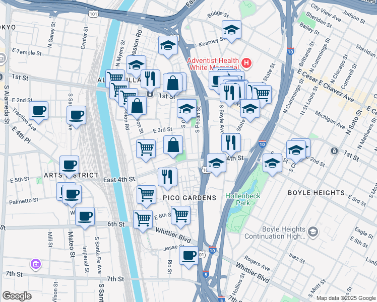 map of restaurants, bars, coffee shops, grocery stores, and more near 340 South Gless Street in Los Angeles