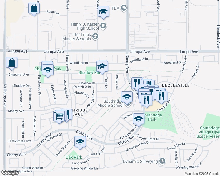 map of restaurants, bars, coffee shops, grocery stores, and more near 11509 Teak Lane in Fontana