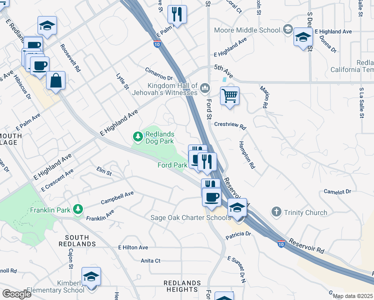 map of restaurants, bars, coffee shops, grocery stores, and more near 1460 Marshall Street in Redlands