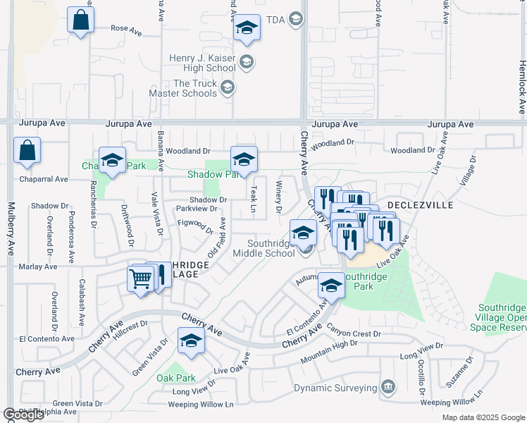 map of restaurants, bars, coffee shops, grocery stores, and more near 11509 Teak Lane in Fontana