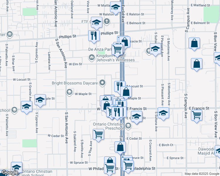 map of restaurants, bars, coffee shops, grocery stores, and more near 1620 South Laurel Avenue in Ontario