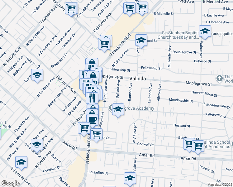 map of restaurants, bars, coffee shops, grocery stores, and more near 1309 Ballista Avenue in La Puente