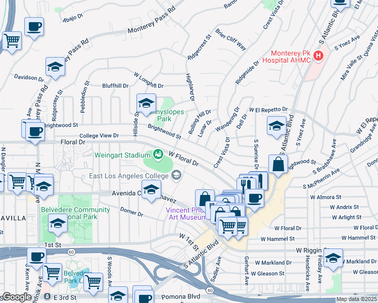 map of restaurants, bars, coffee shops, grocery stores, and more near 1390 Brightwood Street in Monterey Park