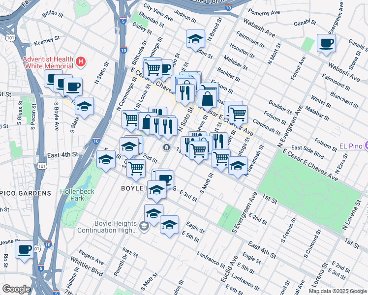 map of restaurants, bars, coffee shops, grocery stores, and more near 116 North Soto Street in Los Angeles