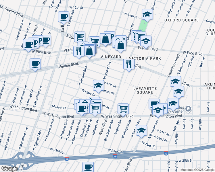 map of restaurants, bars, coffee shops, grocery stores, and more near in Los Angeles