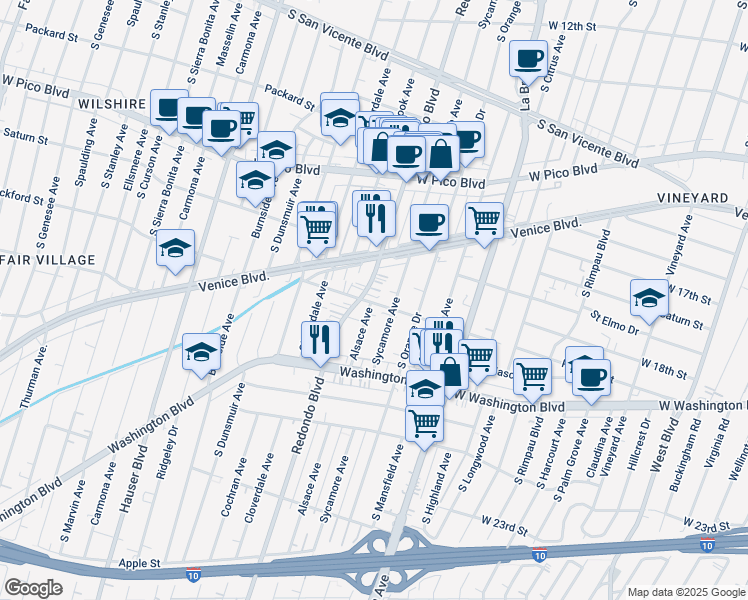 map of restaurants, bars, coffee shops, grocery stores, and more near 1707 South Sycamore Avenue in Los Angeles