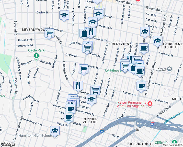 map of restaurants, bars, coffee shops, grocery stores, and more near 1911 Preuss Road in Los Angeles