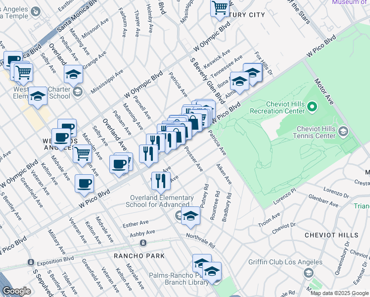 map of restaurants, bars, coffee shops, grocery stores, and more near 10556 West Pico Boulevard in Los Angeles