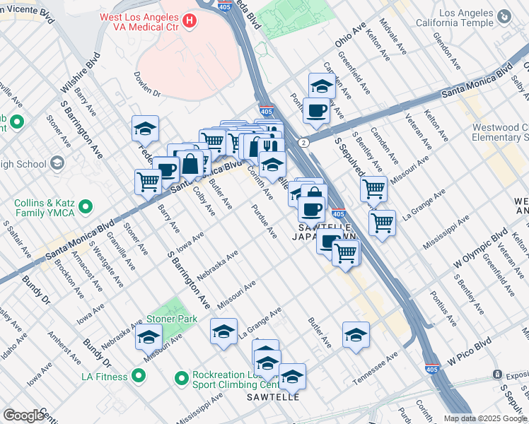 map of restaurants, bars, coffee shops, grocery stores, and more near 11360 Iowa Avenue in Los Angeles