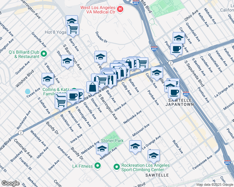 map of restaurants, bars, coffee shops, grocery stores, and more near 1621 Federal Avenue in Los Angeles