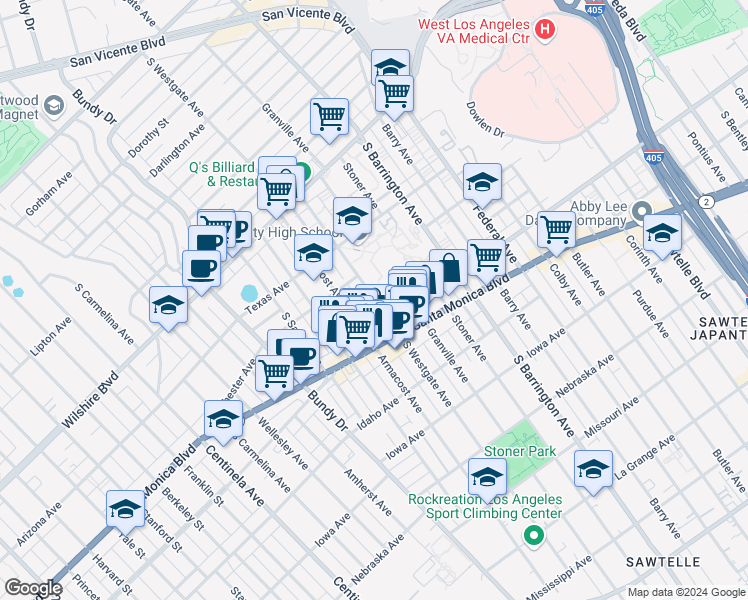 map of restaurants, bars, coffee shops, grocery stores, and more near 1409 South Westgate Avenue in Los Angeles