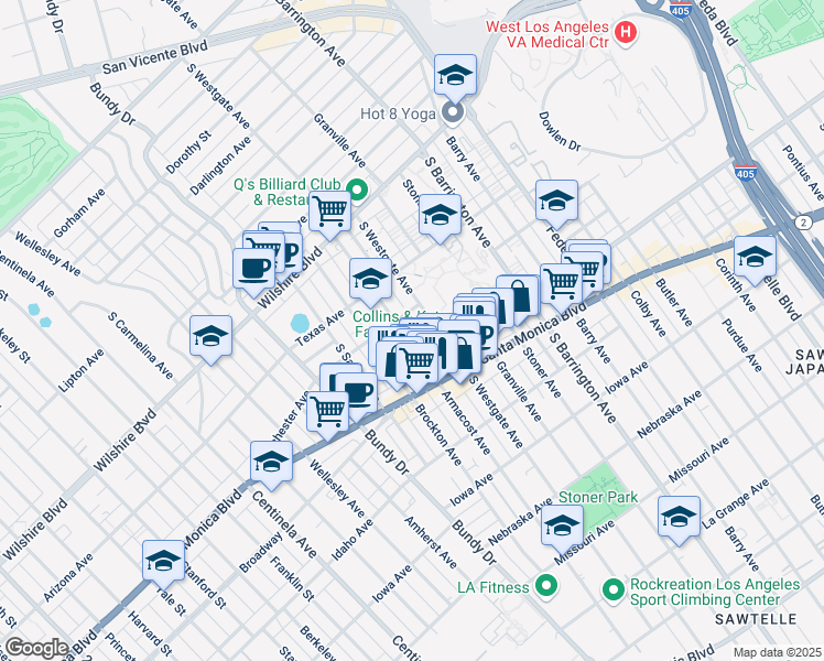 map of restaurants, bars, coffee shops, grocery stores, and more near 1409 South Westgate Avenue in Los Angeles