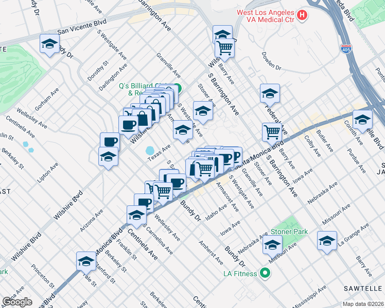 map of restaurants, bars, coffee shops, grocery stores, and more near 1309 Armacost Avenue in Los Angeles