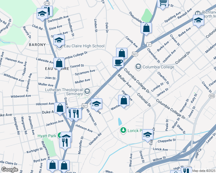 map of restaurants, bars, coffee shops, grocery stores, and more near in Columbia