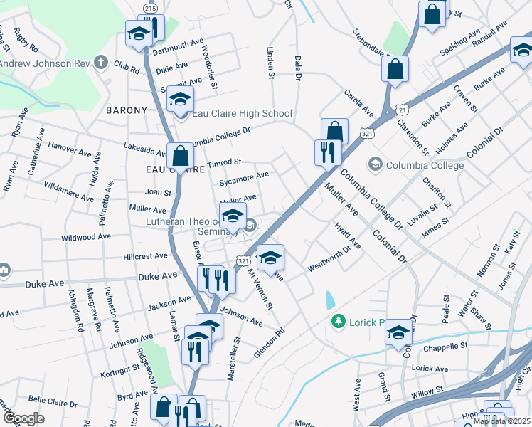map of restaurants, bars, coffee shops, grocery stores, and more near 1103 Wildwood Avenue in Columbia
