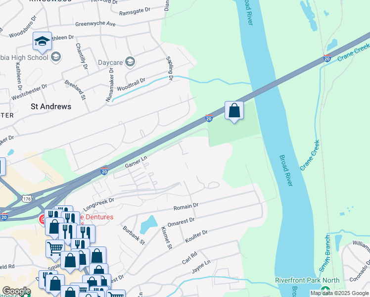 map of restaurants, bars, coffee shops, grocery stores, and more near 1728 Devonwood Drive in Columbia