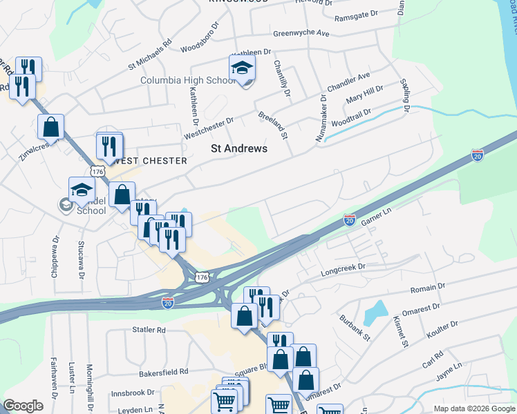 map of restaurants, bars, coffee shops, grocery stores, and more near 1519 Marley Drive in Columbia