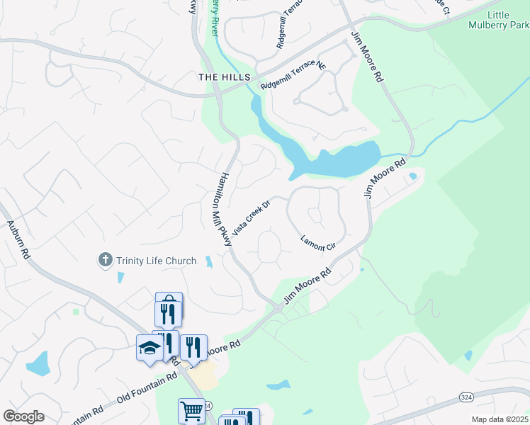 map of restaurants, bars, coffee shops, grocery stores, and more near 3350 Vista Creek Drive in Dacula