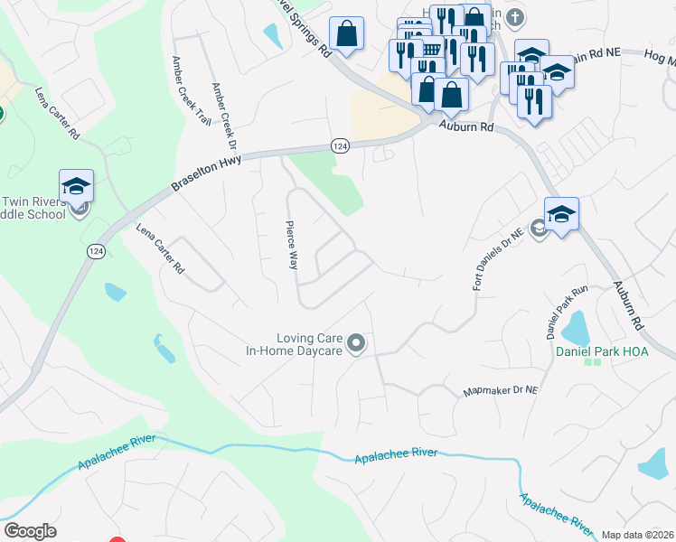 map of restaurants, bars, coffee shops, grocery stores, and more near 2471 Lance Ridge Way Northeast in Buford
