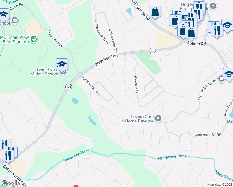 map of restaurants, bars, coffee shops, grocery stores, and more near 1800 Ashton Brooke Lane in Buford