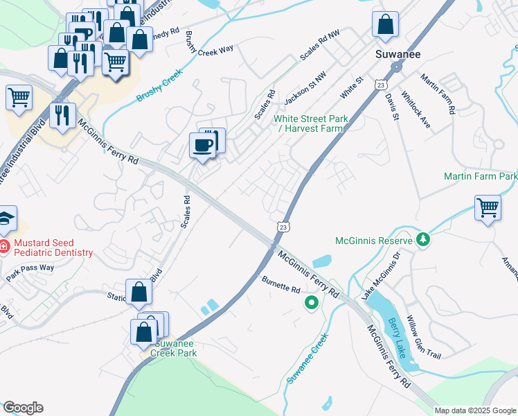 map of restaurants, bars, coffee shops, grocery stores, and more near 1512 Harvest Park Lane in Suwanee