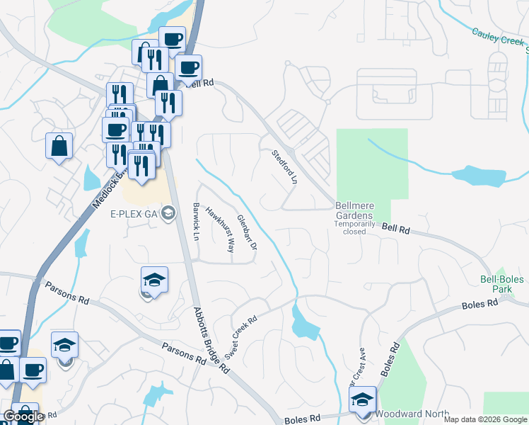 map of restaurants, bars, coffee shops, grocery stores, and more near 570 Stedford Lane in Duluth