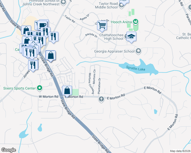 map of restaurants, bars, coffee shops, grocery stores, and more near 10785 Mortons Crossing in Alpharetta