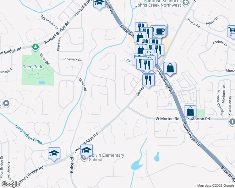 map of restaurants, bars, coffee shops, grocery stores, and more near 10745 Indian Village Drive in Alpharetta