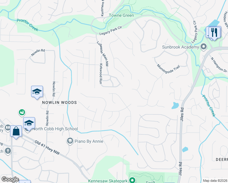 map of restaurants, bars, coffee shops, grocery stores, and more near 3776 Kirkwood Run in Kennesaw