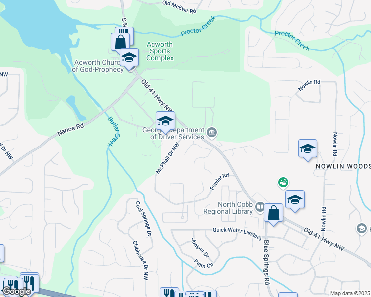 map of restaurants, bars, coffee shops, grocery stores, and more near 3610 Darcy Court in Kennesaw