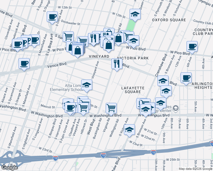 map of restaurants, bars, coffee shops, grocery stores, and more near 4521 West 17th Street in Los Angeles