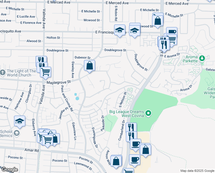 map of restaurants, bars, coffee shops, grocery stores, and more near 1709 Gigar Terrace in West Covina