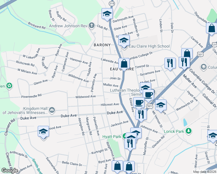 map of restaurants, bars, coffee shops, grocery stores, and more near 603 Muller Avenue in Columbia