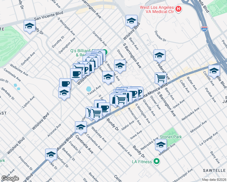 map of restaurants, bars, coffee shops, grocery stores, and more near 11918 Rochester Avenue in Los Angeles