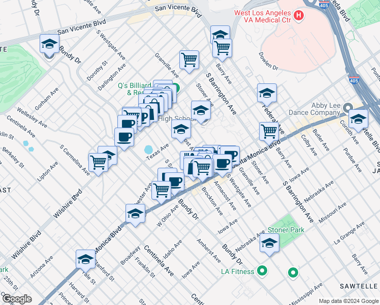 map of restaurants, bars, coffee shops, grocery stores, and more near 11918 Rochester Avenue in Los Angeles