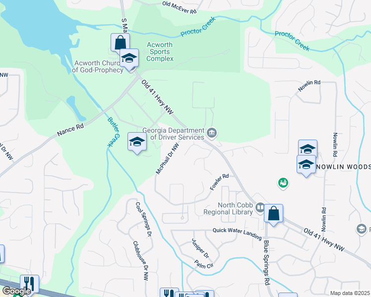 map of restaurants, bars, coffee shops, grocery stores, and more near 3610 Darcy Court in Kennesaw