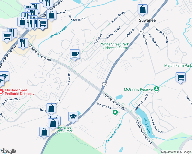 map of restaurants, bars, coffee shops, grocery stores, and more near 1512 Harvest Park Lane in Suwanee