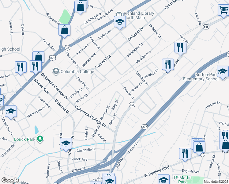 map of restaurants, bars, coffee shops, grocery stores, and more near 4933 Norman Street in Columbia