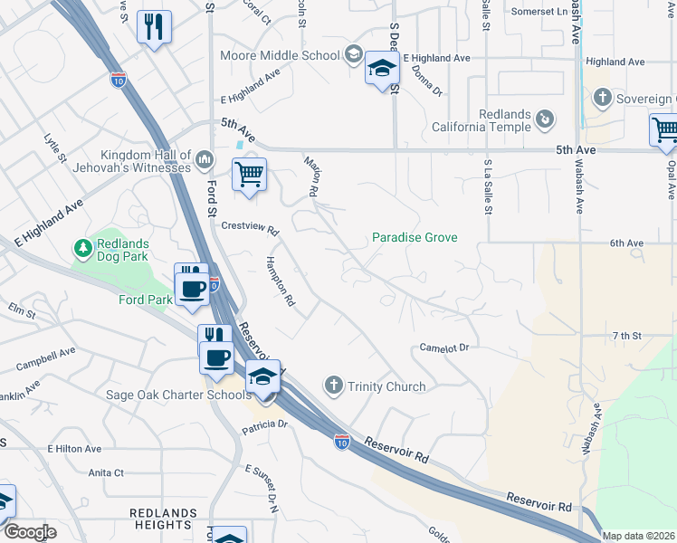 map of restaurants, bars, coffee shops, grocery stores, and more near 1550 Marion Road in Redlands