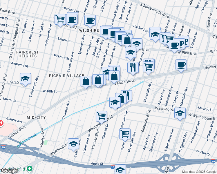 map of restaurants, bars, coffee shops, grocery stores, and more near 5506 Venice Boulevard in Los Angeles