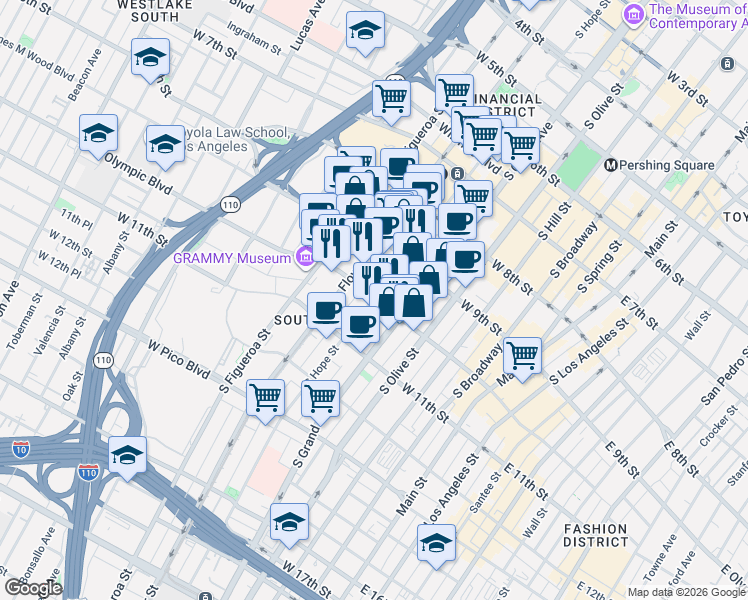 map of restaurants, bars, coffee shops, grocery stores, and more near 960 South Hope Street in Los Angeles