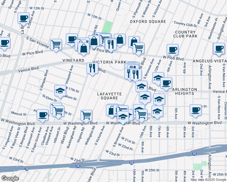 map of restaurants, bars, coffee shops, grocery stores, and more near 1662 Wellington Road in Los Angeles