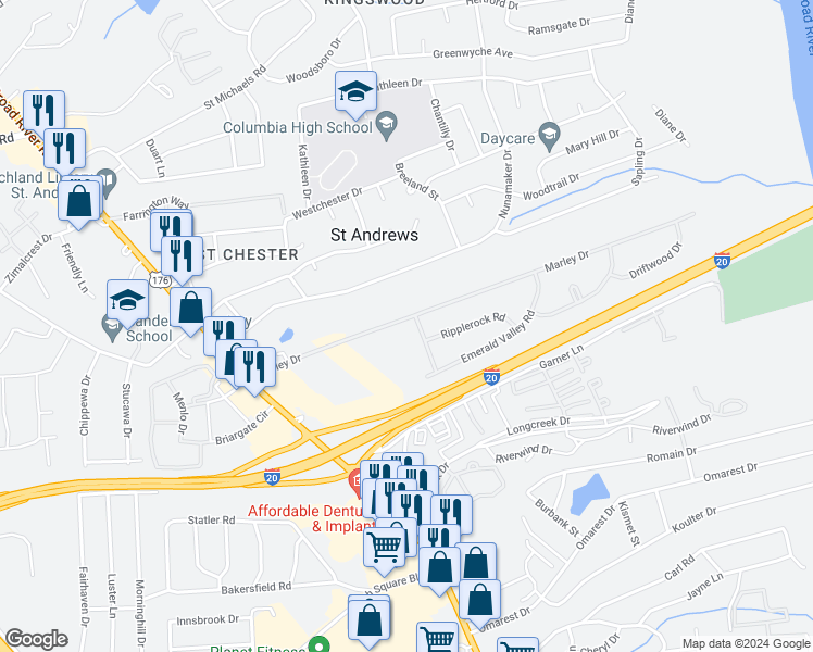 map of restaurants, bars, coffee shops, grocery stores, and more near 1518 Marley Drive in Columbia