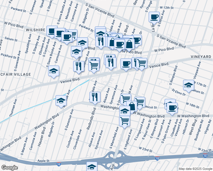 map of restaurants, bars, coffee shops, grocery stores, and more near S Redondo Blvd & Pickford St in Los Angeles